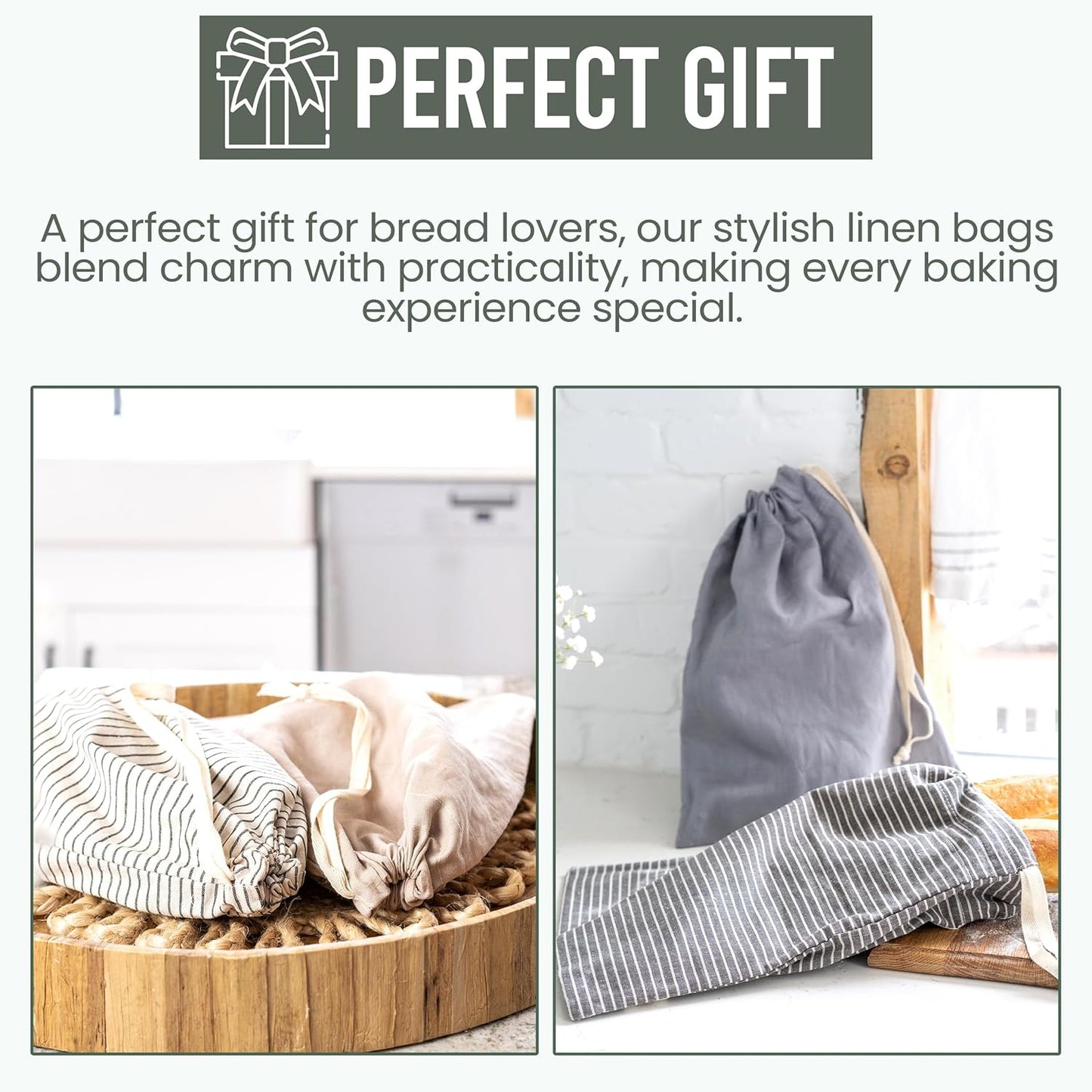 Ark & Aron Reusable Bread Bags - Pack of 2 Beeswax Bread Bags for Sourdough | Linen Bread Bag for Homemade Breads | Sourdough Loaf Bags | Cotton Food Storage Bag for Breads(Olive Leaf/Almond Branch)