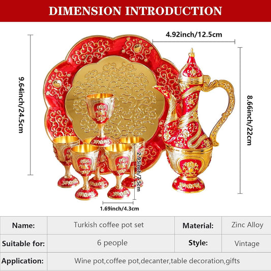 Vintage Turkish Coffee Pot and Cups Set,Tea Service Set Including Teapot,Tea Tray and Metal Cups for Wine Cabinet Decor,Wedding Ornaments (Gold and Red)
