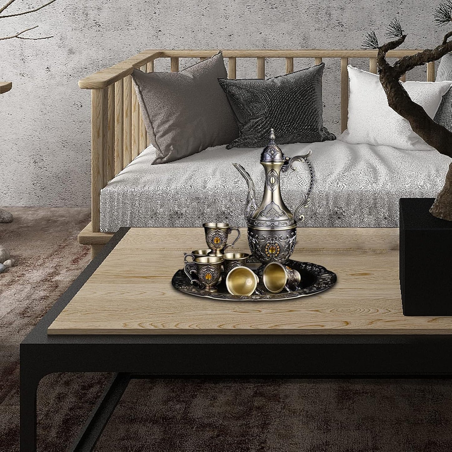 Vintage Turkish Coffee Pot and Cups Set,Tea Service Set Including Teapot,Tea Tray and Metal Cups for Wine Cabinet Decor,Wedding Ornaments (Bronze with Yellow Crystal)