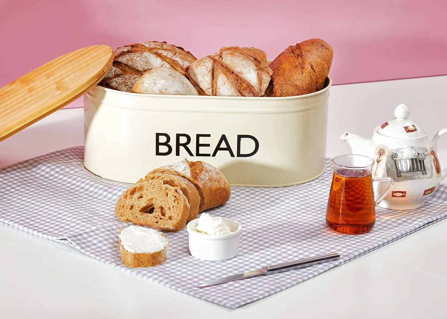 RoyalHouse Premium Metal Bread Box with Bamboo Lid, Stainless Steel Large Bread Bin Storage Container And Organizer for Kitchen Countertop, Vintage Style Kitchen Decor