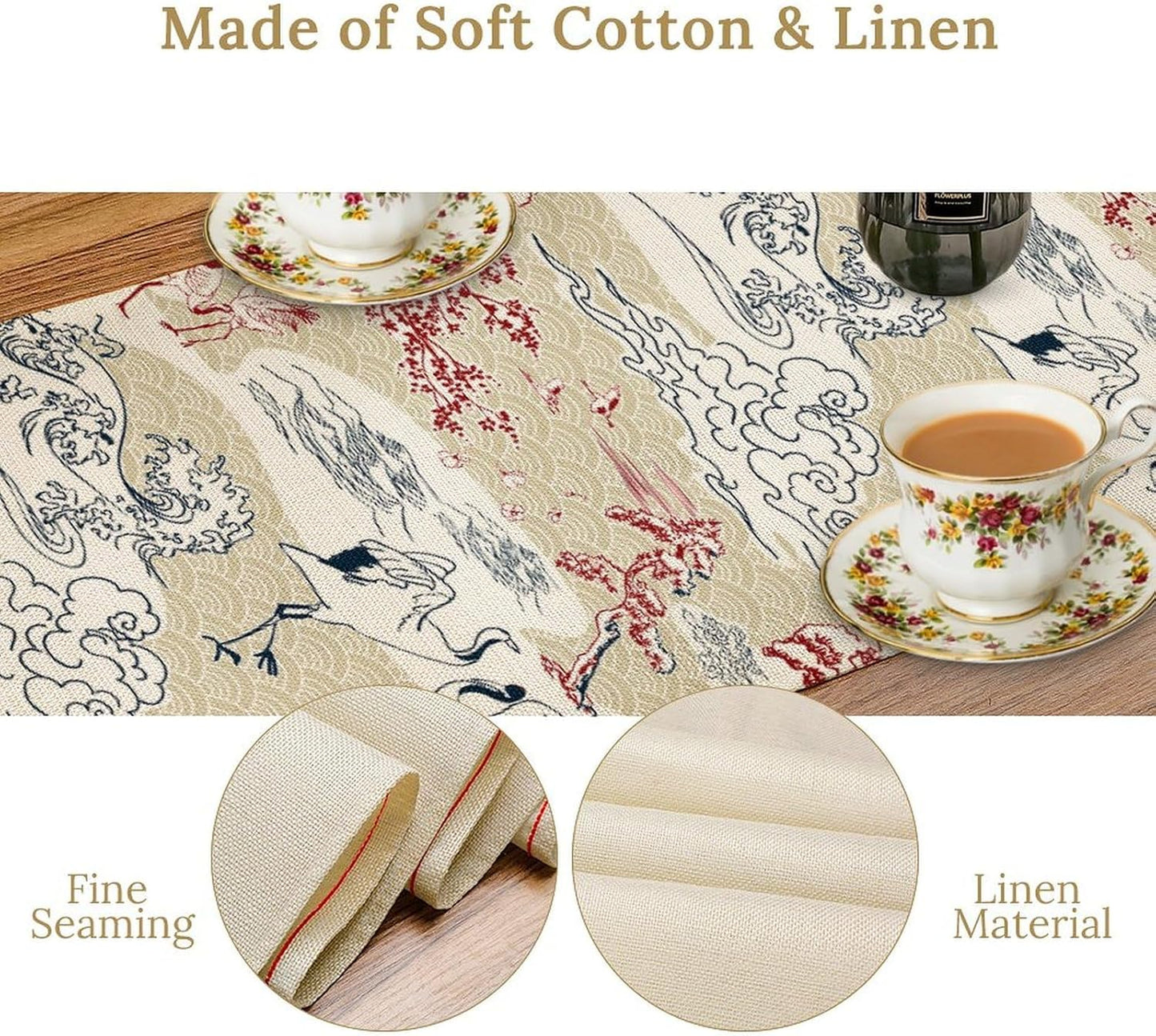 Japanese Crane Table Runner Chinoiserie Vintage Asian Landscape Mountain for Wedding Party Holiday Kitchen Dining Home Party, 13x36 Inch