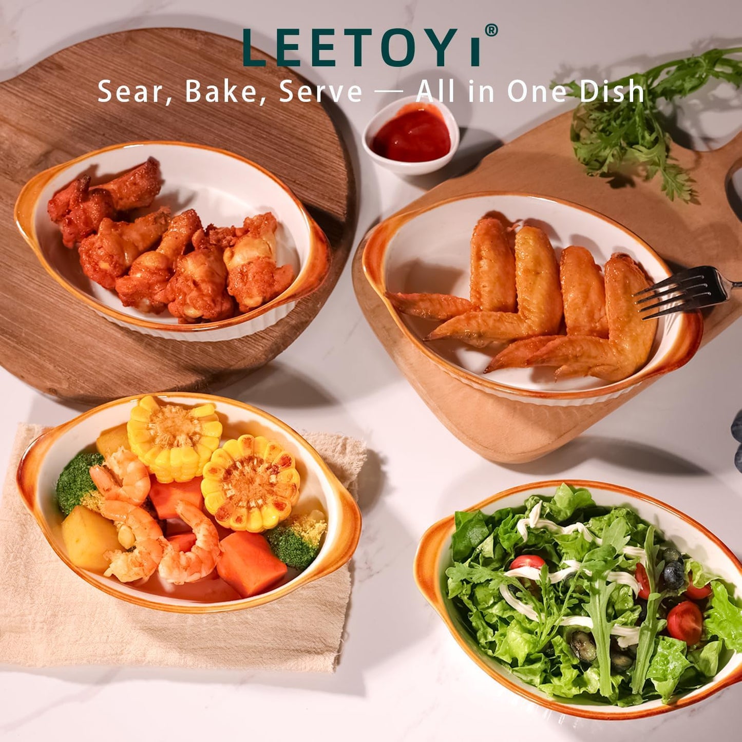 LEETOYI Porcelain Small Oval Au Gratin Pans, Baking Dish Set for 1 or 2 person servings, Bakeware with Double Handle for Kitchen and Home, Set of 2 (White/Brown)