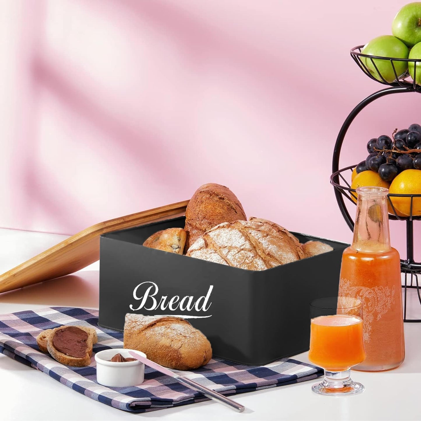 RoyalHouse Modern Metal Bread Box with Bamboo Cutting Board Lid, Bread Storage Container for Kitchen Counter, Vintage Kitchen Decor Organizer - Black