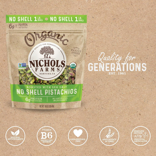 Nichols Farms Organic No Shell California Pistachios, Healthy Protein Snack, Roasted Sea Salt, 1LB