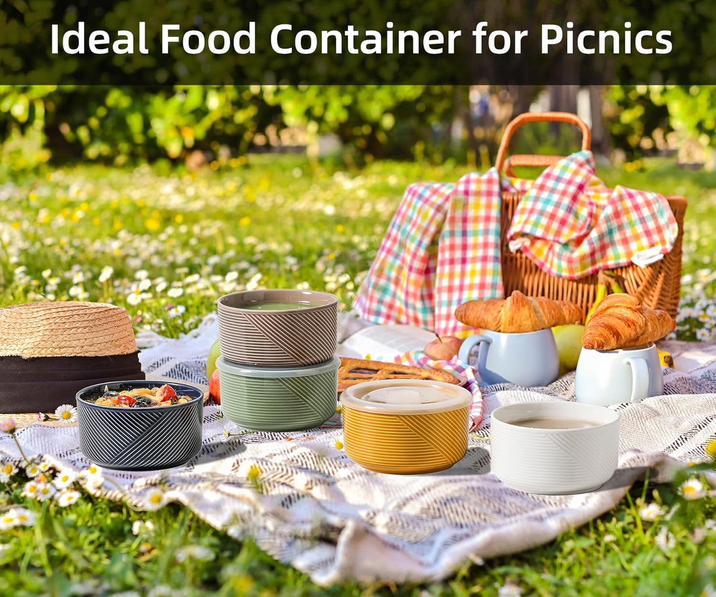 Ceramic Bowl with Lid: 20 oz Microwave Safe Food Storage Container for Soup, Salad, Cereal, Leftovers, Meal Prep, Lunch, Picnic, Camping, Serving - Airtight, Navy, 1 PCS