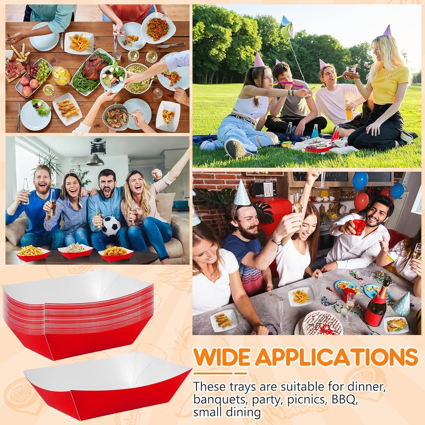 100 Pcs Red Paper Food Tray Sturdy Disposable Food Boats Nacho Plates Disposable Serving Snack Trays for Catering, Party Birthday Supplies, and Food Service (Red)