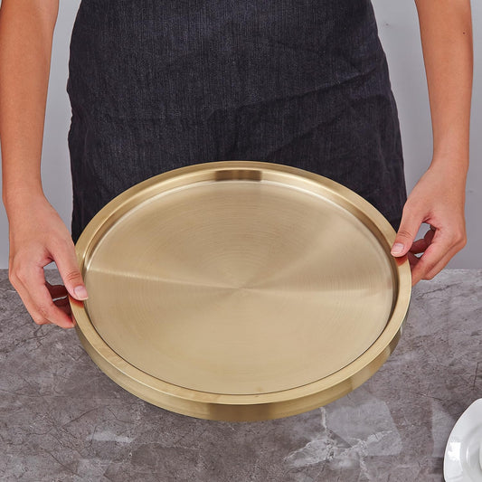 Stainless Steel Round Bar Serving Tray 12.5",Double Wall,Ideal Coffee Table, Decorative,Rotisserie Plate, Tea and Bathroom Serving,Gold