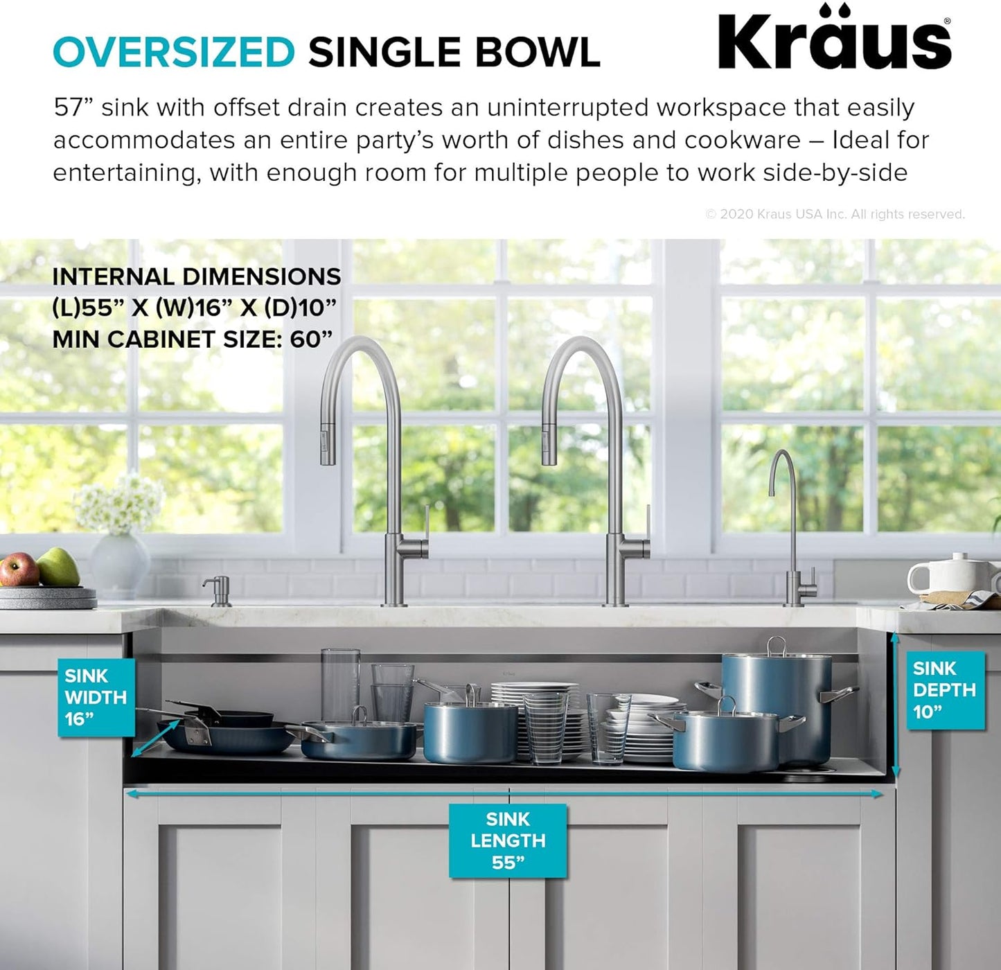 KRAUS Kore 57-inch Undermount Workstation 16 Gauge Single Bowl Stainless Steel Kitchen Sink with 10 Accessories, KWU210-57