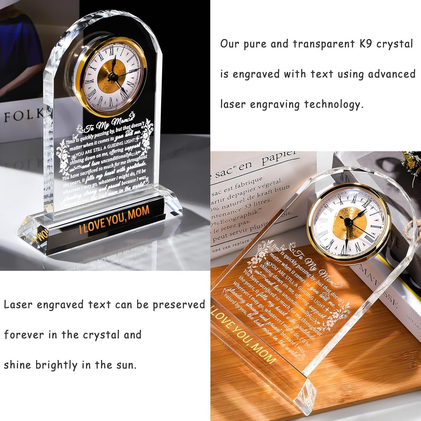 Gifts for Mom Crystal Clock Form Son Daughter on Mother's Day, Birthday - to My Mom Crystal Clock for Mother Desk Home Decor (8.8in, Gift Boxed)