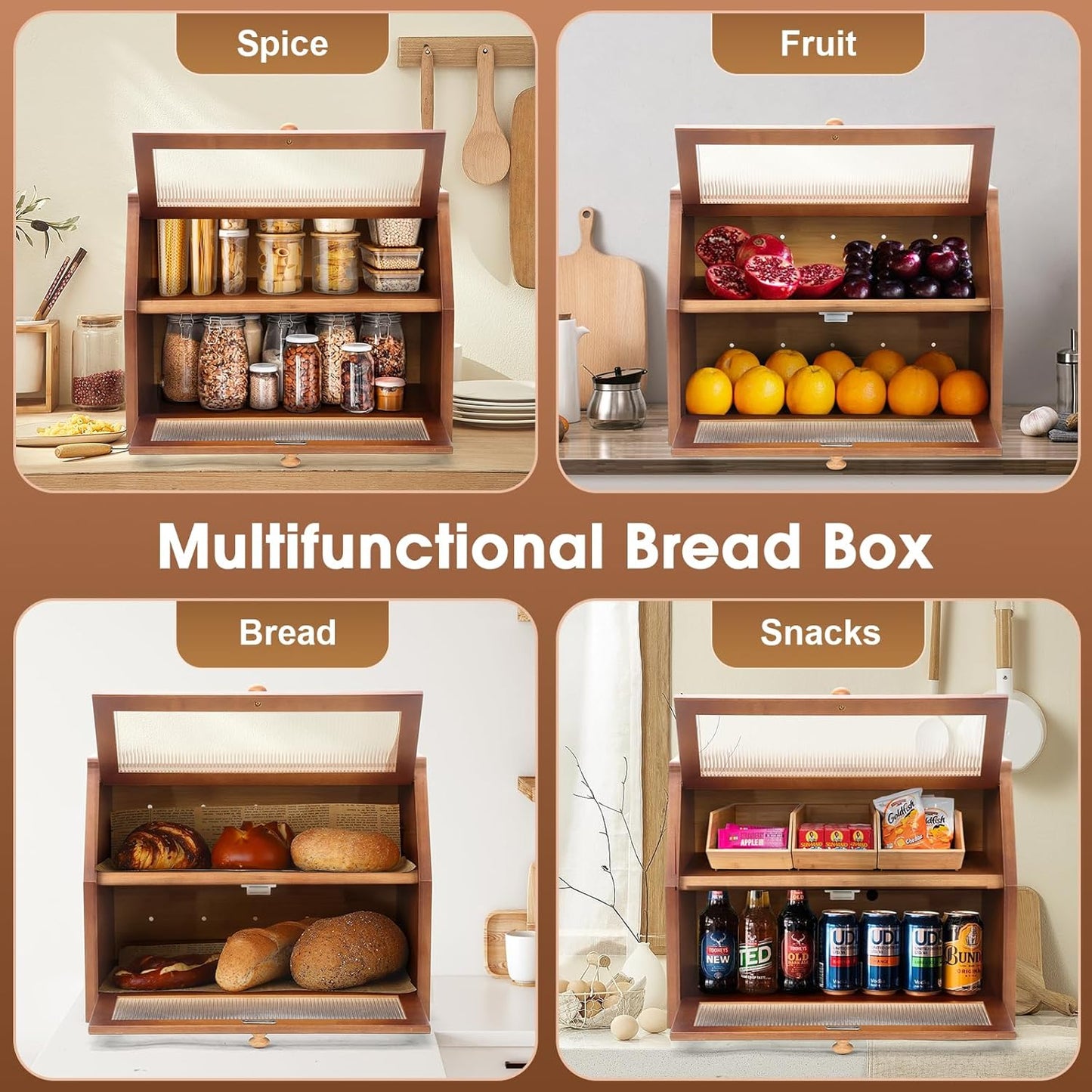 Large Bread Box for Kitchen Countertop, Wooden Bread Bin with Double Layer Storage and 0.6-inch Thick Natural Wood Panels, Rustic Bread Box Organizer for Kitchen (Retro Brown)