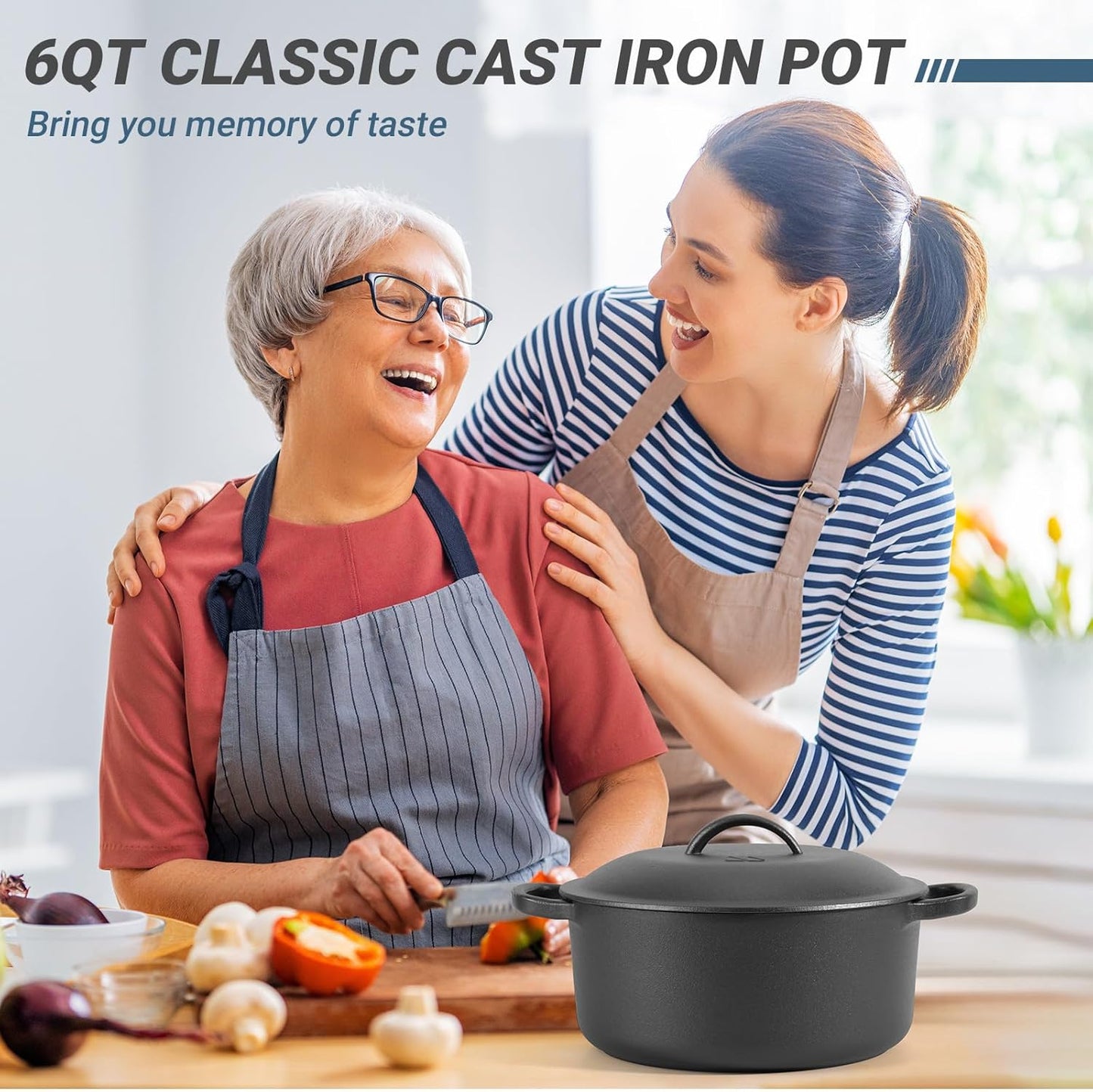 6 QT Basics Cast Iron Dutch Oven Pot with Lid and Dual Handles, Oven Safe up to 500°F Large Cooking Pan,Bread Oven