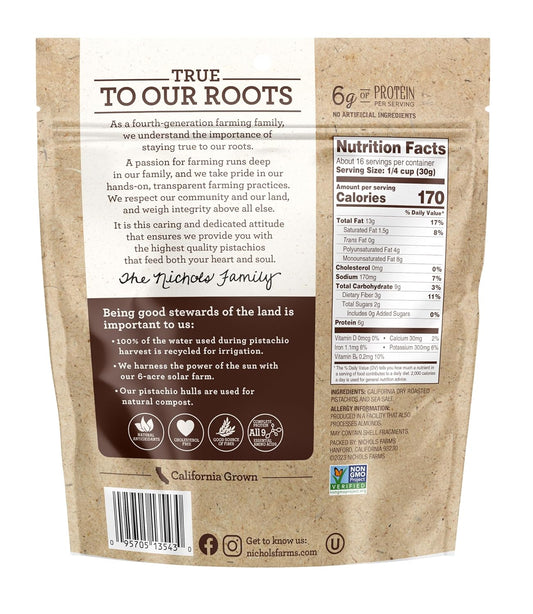 Nichols Farms No Shell California Pistachios, Healthy Protein Snack, Roasted with Sea Salt, 1LB