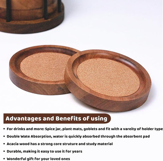 Wooden Coasters for Drinks with Metal Holder, Wooden Coaster with Cork for Tabletop Protection, Drink Coasters for Coffee Table, Desk, 4.33 Inch, Set of 6