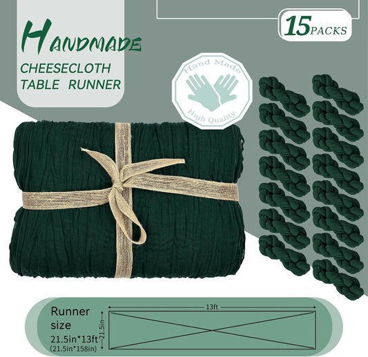 15 Packs Cheesecloth Table Runner Emerald Green,13 Ft Dark Green Rustic Gauze Boho Wedding Table Runner Decoration, Wedding Table Decor for Wedding Party Bridal Shower Table,21.5x157in