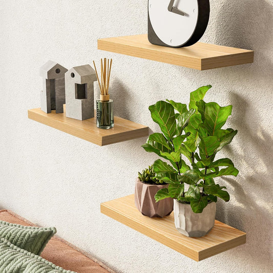 BAYKA Floating Shelves for Wall, 22.5 inches Wall Mounted Rustic Wood Shelves for Bathroom, Bedroom, Living Room, Floating Shelves for Books/Storage/Decor (Light Oak-Toned,Set of 3)