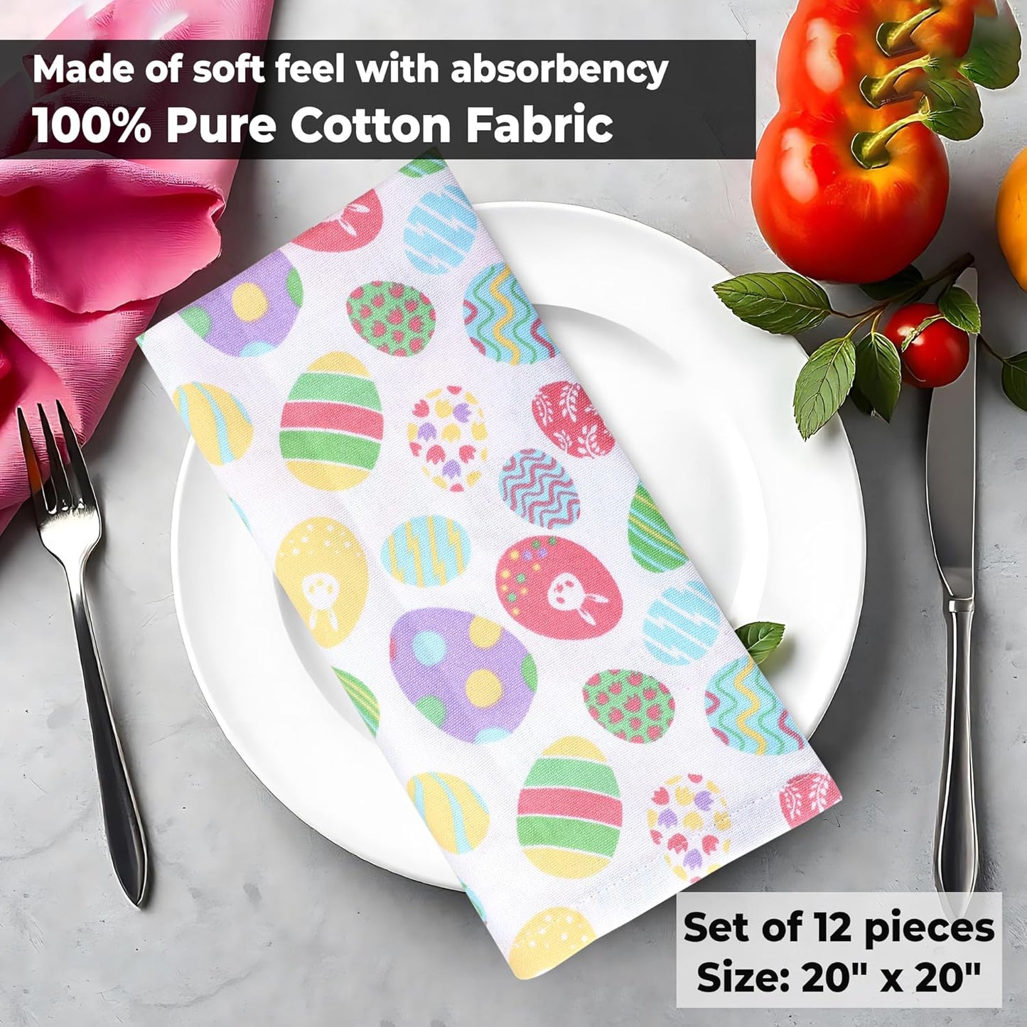 Urban Villa Easter Cloth Napkins Easter Eggs Print 100% Cotton Dinner Napkins Set of 12 (20x20 Inches) Highly Absorbent Soft Durable Washable Reuasble Ideal for Everyday Use Wedding Parties