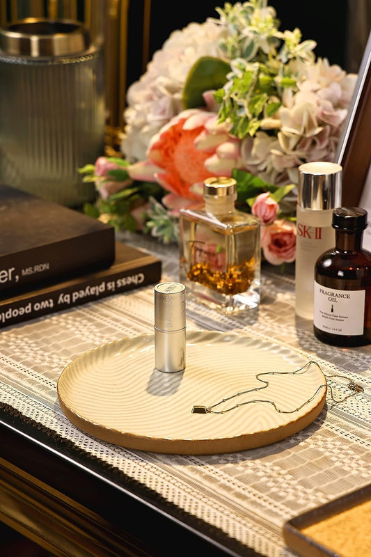 Vanity Tray with Brown Trim - Candle & Perfume Holder Organizer - Decorative Round White 8"8" Countertop Tray for Bathroom & Dresser