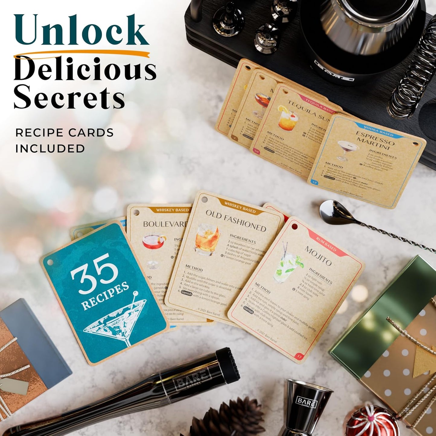 BARE BARREL® Mixology Bartender Kit Bar Set | 14-Piece Cocktail Shaker Set | Martini Barware Mixing Tools for Home Bartending | 35 Recipe Cards | Gift Set (28oz Boston Shaker, Jet Black/Black)