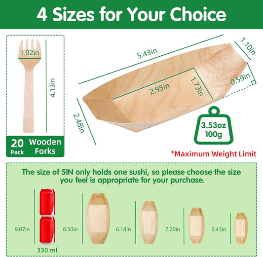 200-Pack Wooden Disposable Plates 5 IN Boat Plates Food Trays Disposable Dessert Plates Disposable Food Boats for Party Weddings Picnic (Actual Size Used: 2.95" D x 1.73" W x 0.59" H)