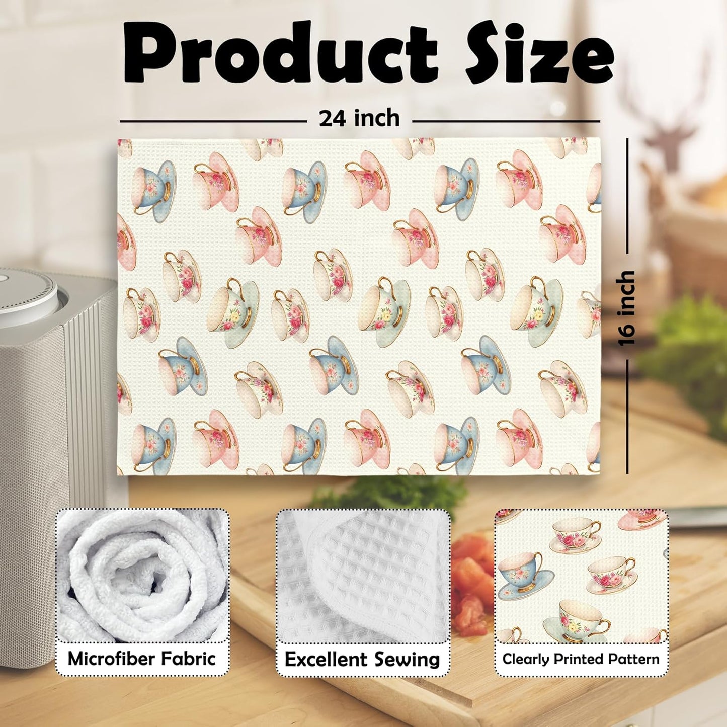 Vintage Spring Floral Teacups Kitchen Dish Towels, Retro French Garden Tea Lover Gifts, Coffee Cup Kitchen Decor, Roses Flower Hand Towels Kitchen Tea Towels Decorations, 16x24inch