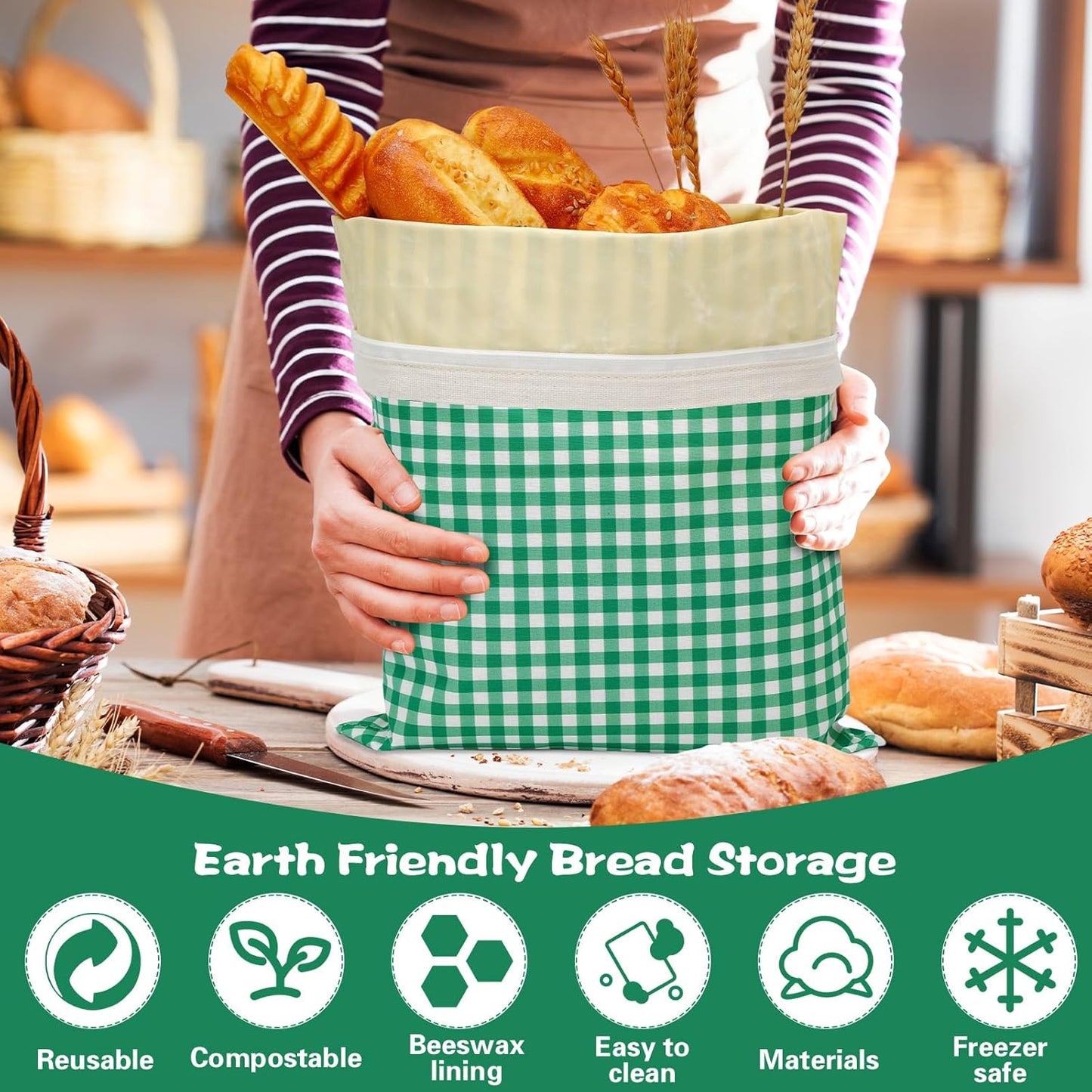 Augshy 2 PCS Beeswax Bread Bags, Beeswax Bag with Zipper Green Plaid Stripes Reusable Cotton Material Large Capacity Food Storage Bags for Sourdough Homemade Bread Boxes