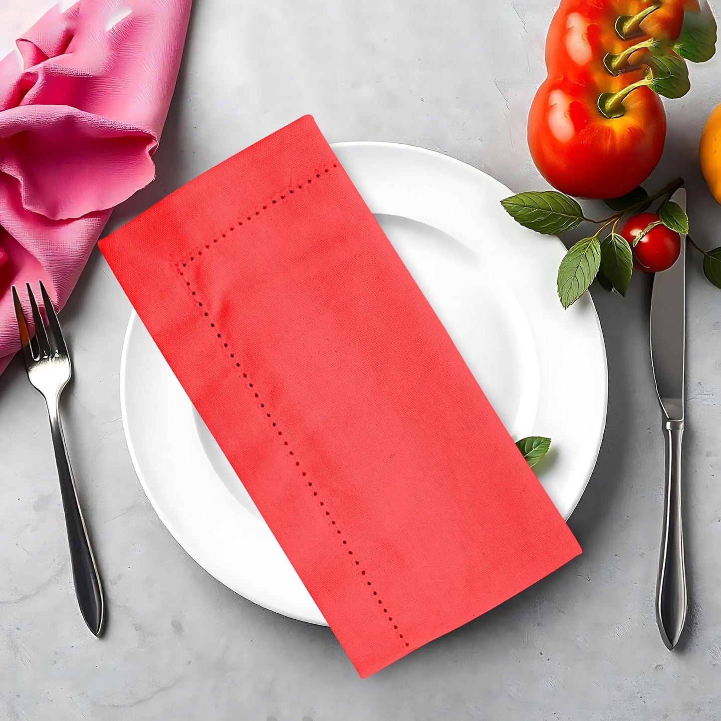 Urban Villa Cloth Napkins Hemstitch Solid Red100% Cotton Absorbent Dinner Napkins (Set of 6) 20x20 Inches Soft Durable Washable Reusable Ideal for Everyday Use Wedding Parties Cloth Dinner Napkins