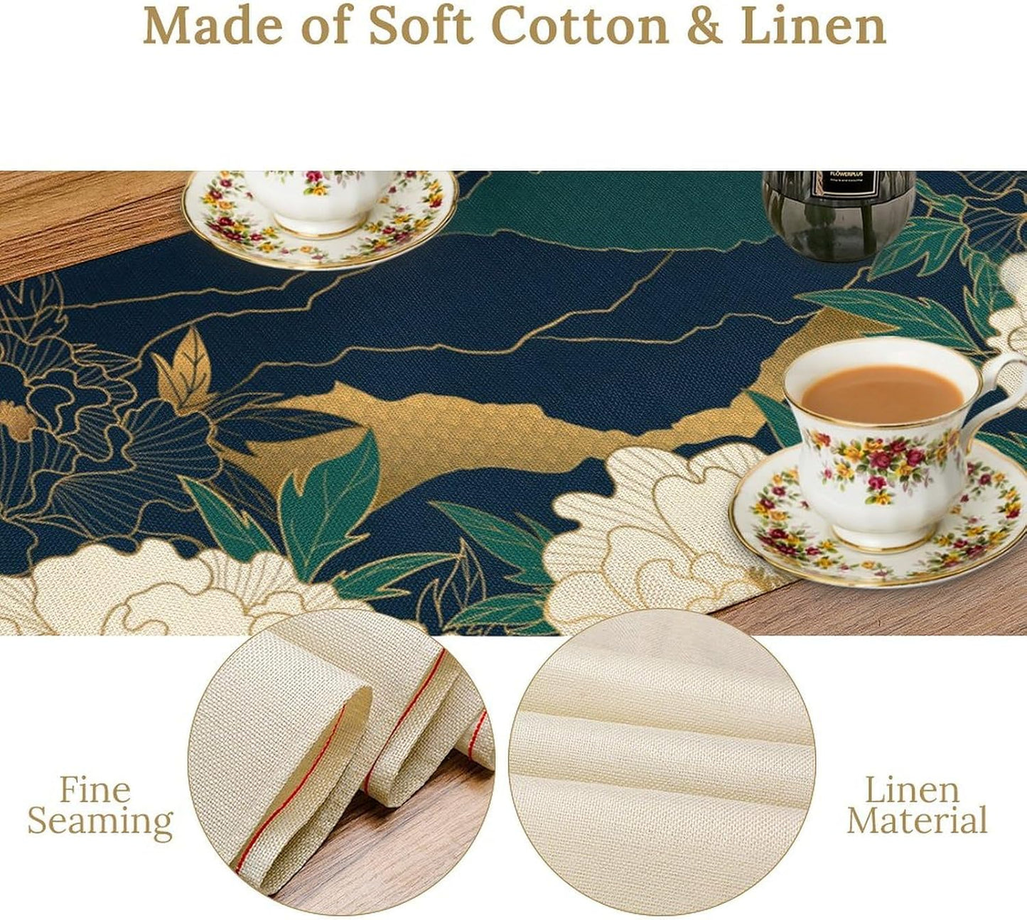 Chinese Landscape Dinning Table Runner, Spring Line Floral Navy Green Peak Asian Style Table Runner for Kitchen Study Living Room Home Bedroom, Gray 13x60 Inch