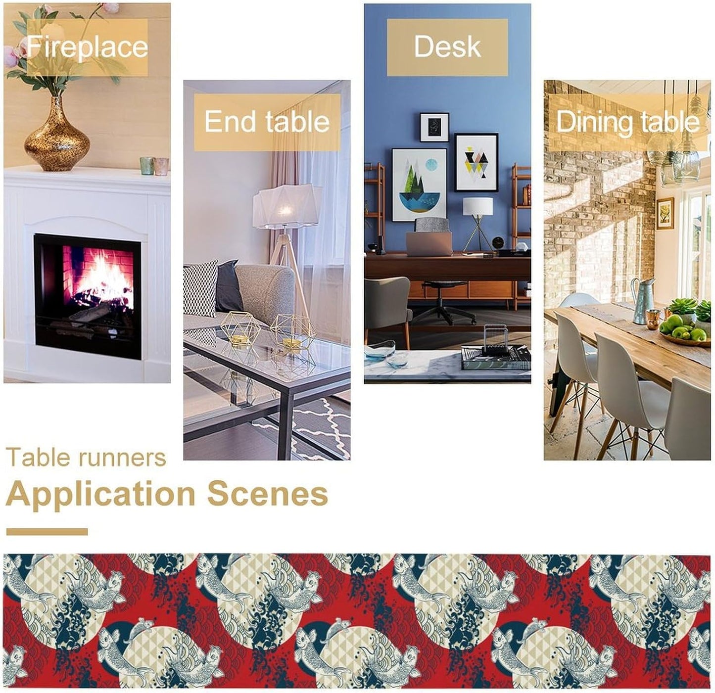 Japanese Kio Fish Table Runner, Line Art Colorful Janan Style Oriental Table Runner for Kitchen Study Living Room Home Bedroom, Red and Blue, 13x108 Inch