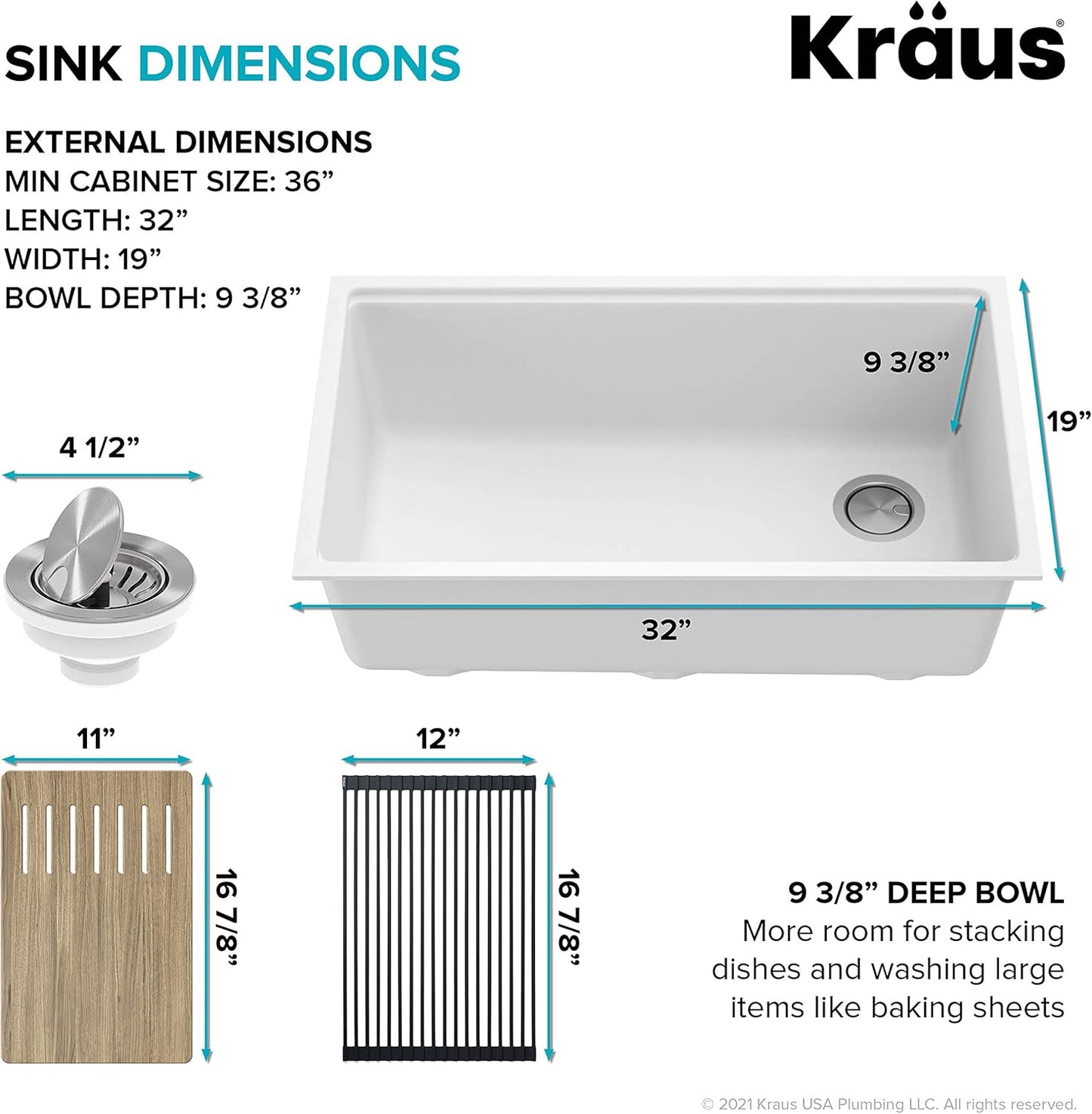 KRAUS Kitchen Sink Bellucci 32” Undermount Workstation Granite, Metallic White, Accessories, KGUW1-33WH