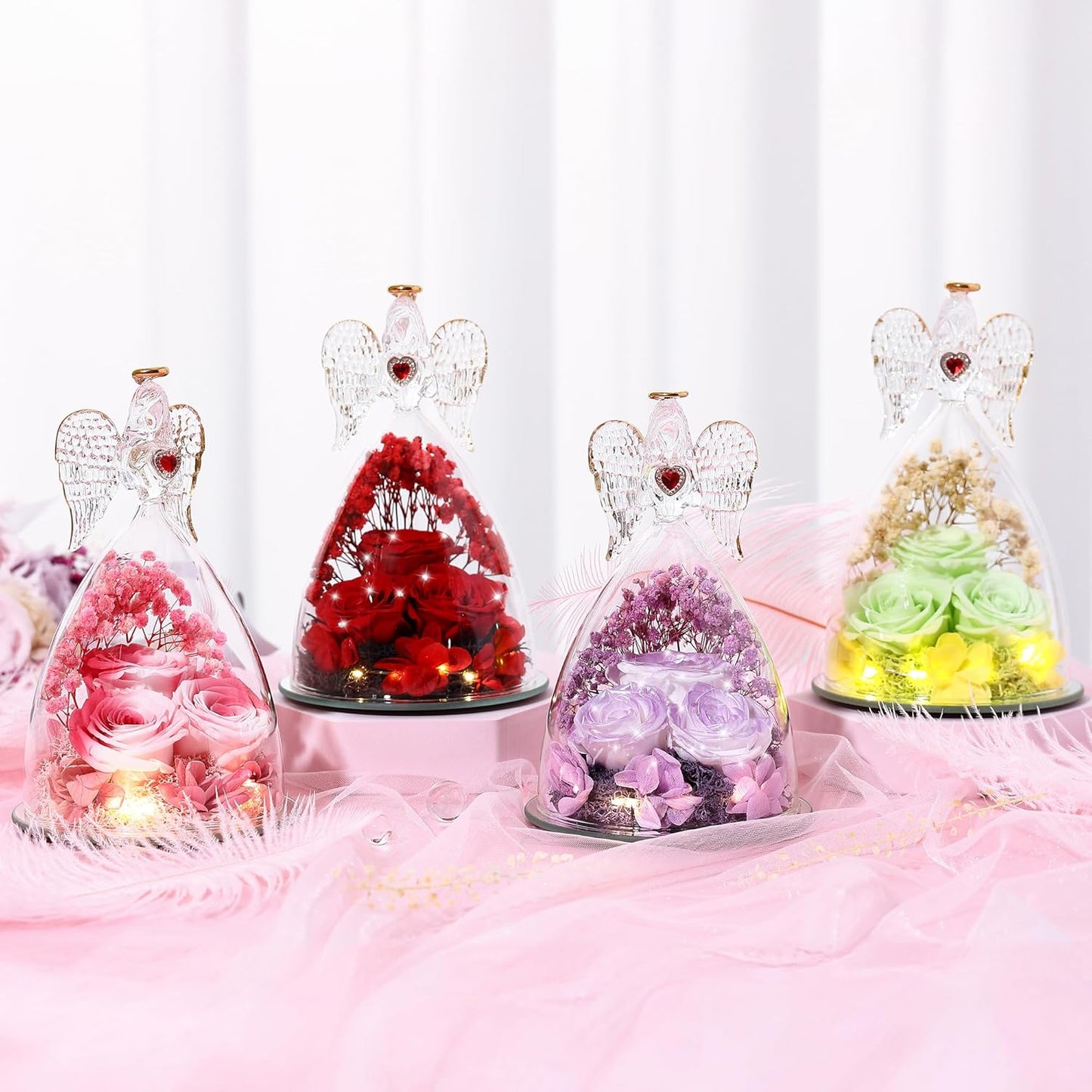 Mothers Day Rose Gifts for Women, Large Angel Figurines with Real Roses, Preserved Real Flower Rose for Her, Gardient Purple