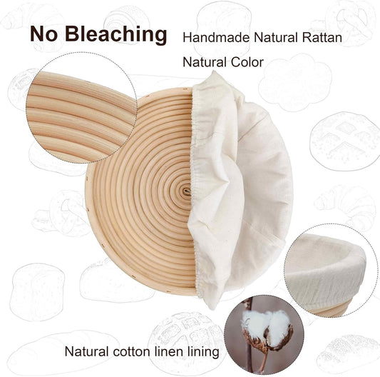 Banneton Bread Proofing Basket,9 Inch Round + 9.8 Inch Round Sourdough Proofing Baskets with Liner,Dough Proofing Bowls,Made of Natural rattan,for Sourdough Bread Baking Supplies