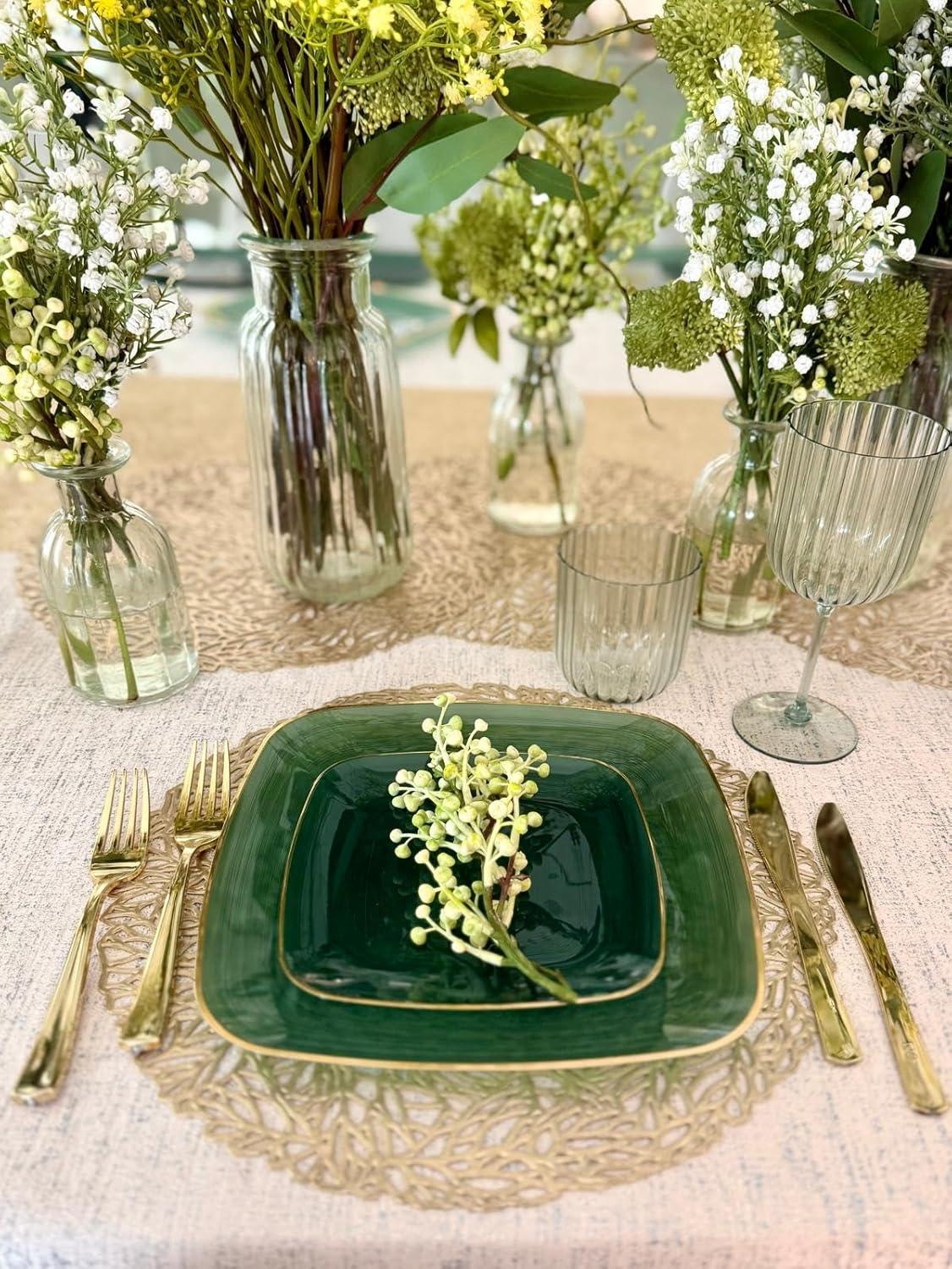 " OCCASIONS " 120 Pieces Pack,(60 Guests) Premium Wedding Party Disposable Plastic Plates Set -60 x 10'' Dinner + 60 x 7'' Salad/Dessert (Belize Square in Green & Gold)