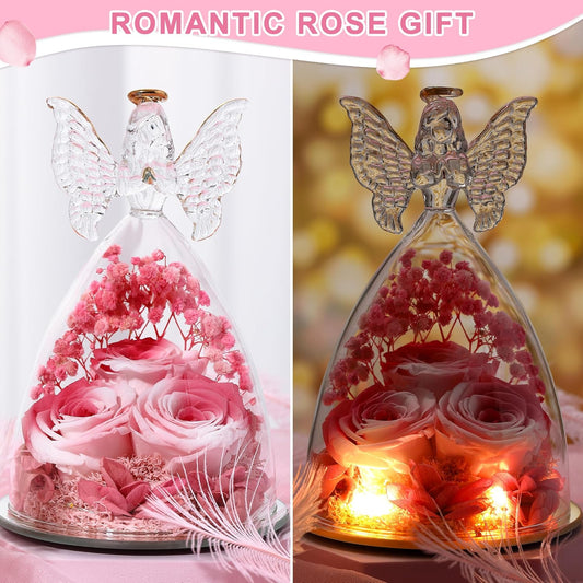 Christmas Rose Gifts for Women Preserved Real Flower in Glass Angel Figurines Roses for Delivery Prime Birthday Gifts for Mom Grandma Girlfriend Wife Her, Pink White