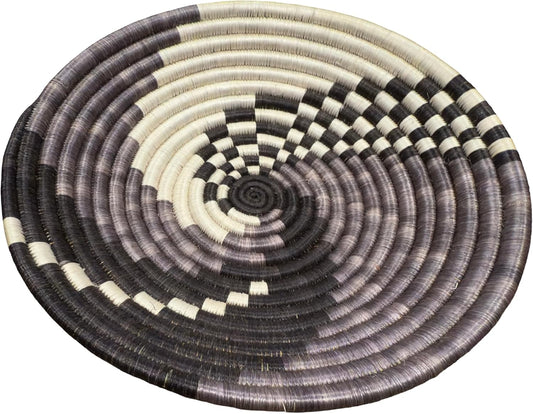 Handwoven African Basket Handmade sisal Fruit Bowl Wall Hanging decorative Baskets for Home Living Room Kitchen Centerpiece Zen Designs Arts and Crafts (Dark Grey Black Natural, 12in diameter)