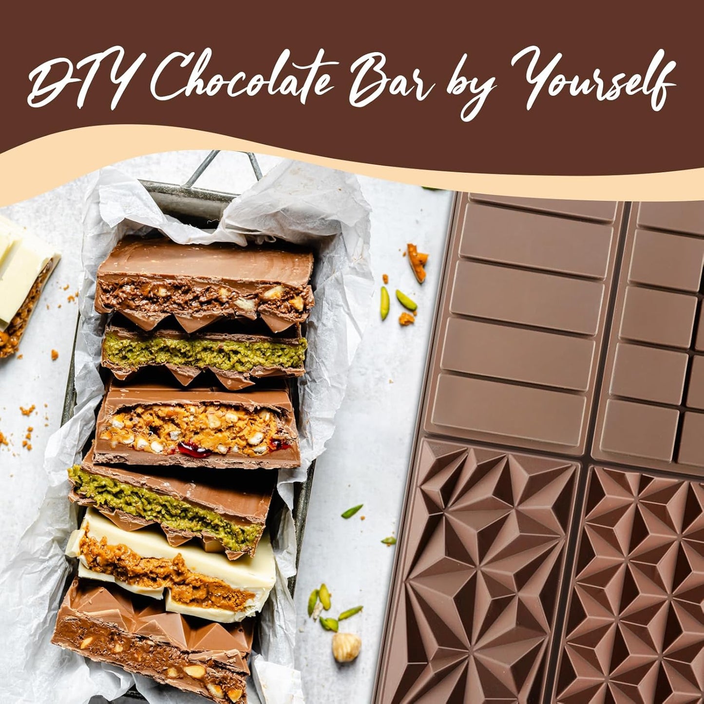 HKNMTT Chocolate Bar Silicone Molds, Large Stuffed Dubai Pistachio Deep Bar Moulds Kit 1 Inch Thick Big Pack of 2, Ideal for Homemade Making Bar Candy Bar Bpa Free DIY