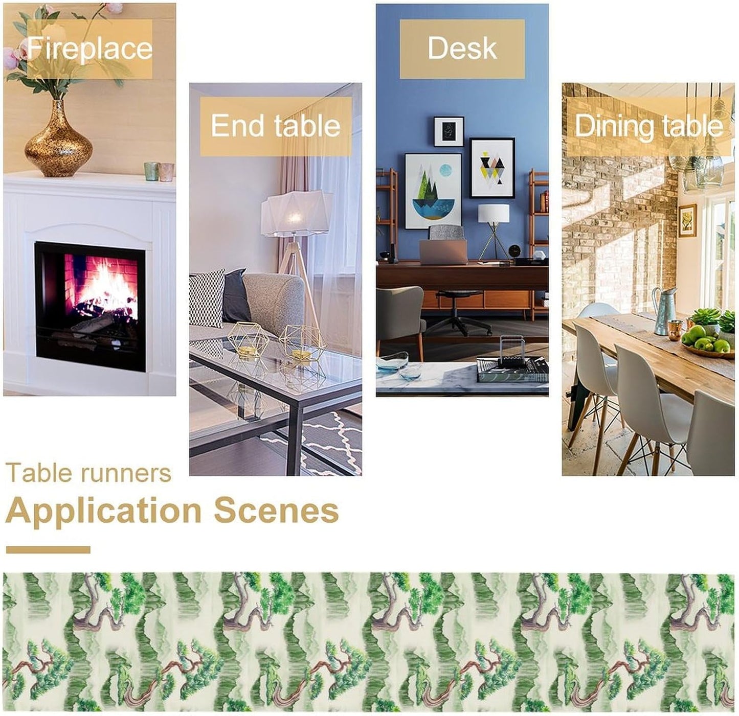 Chinese Natural Scenery Table Runner, Japanese Ink Wash Painting Plants Tree Mountain Green Colorful Forest Table Runner for Kitchen Living Room Bedroom Home 13x70 Inch