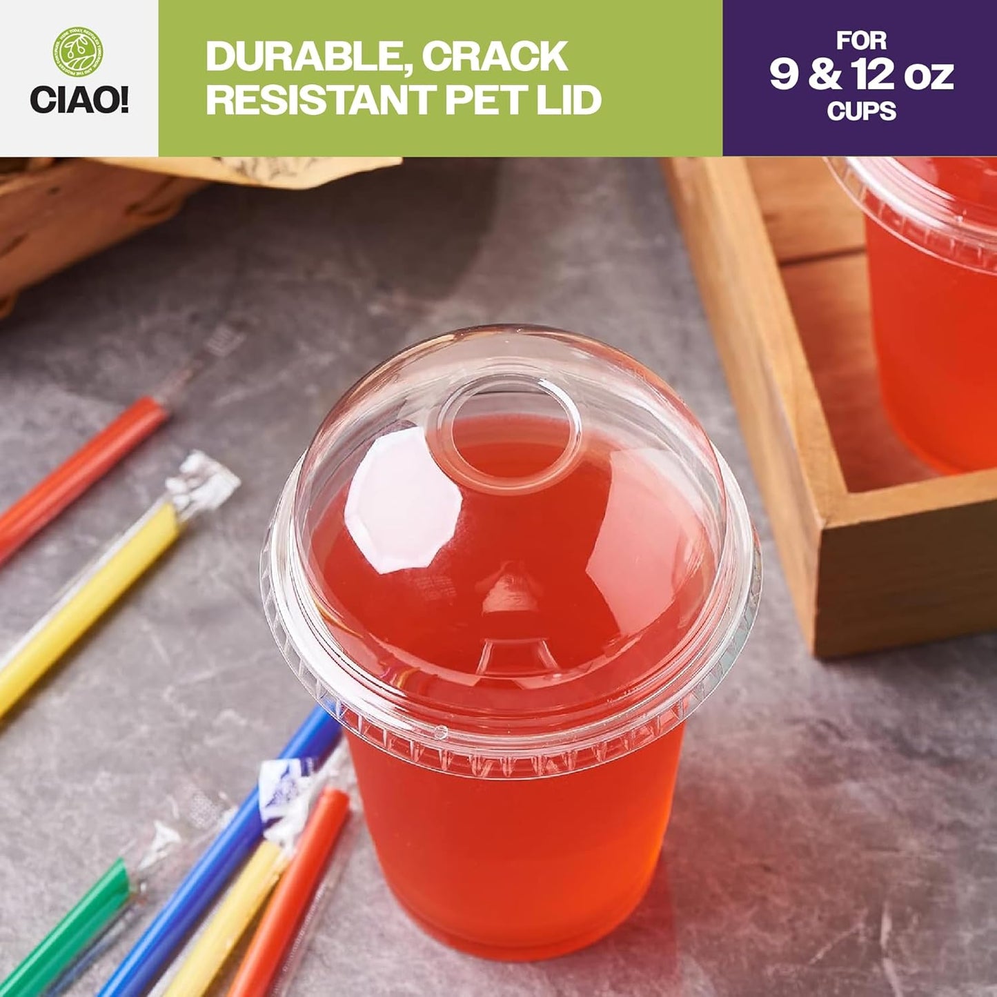 CIAO! PET Dome Lid with Straw Hole, Designed and Fit for 9OZ/12OZ PET Cold Drink Cups Only, 92mm (Case of 1,000)