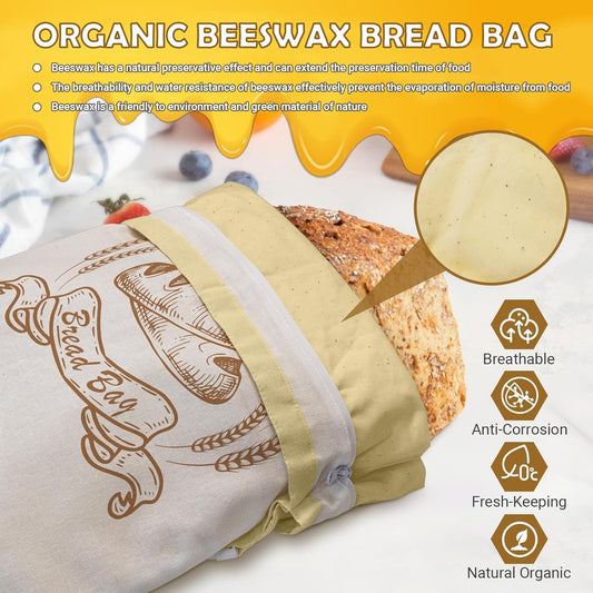 Large Linen Beeswax Bread Bags(2 Pack) Sourdough Bread Bags Reusable Double-Lock Freezer Baking Container Gift Giving for Homemade,Loaf,Sourdough,Food Storage (Plain Colour Patterns)