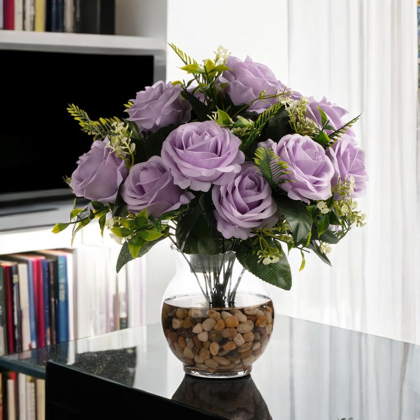 ENOVA FLORAL 18 Heads Silk Rose Artificial Flowers in Vase,Faux Rose Flowers Arrangement in Round Bowl Vase with Faux Water and River Rock for Table Decor Centerpieces (Lavender Purple)