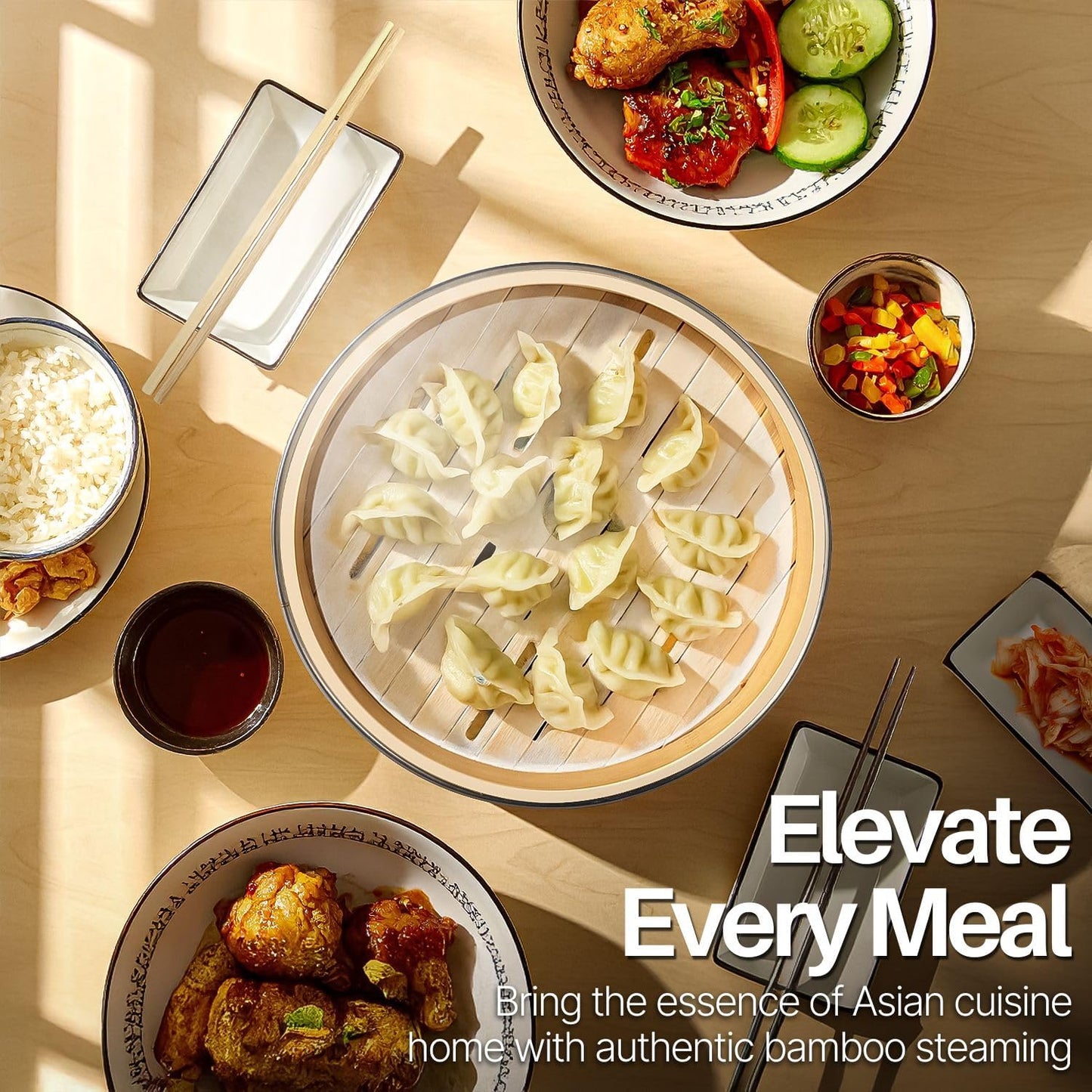 Flexzion Bamboo Steamer Basket Set (8 inch) with Stainless Steel Banding, 50 x Steamer Liners and 2 Pairs of Chopsticks, Steam Baskets for DimSum Dumplings, Rice, Vegetables, Fish and Meat