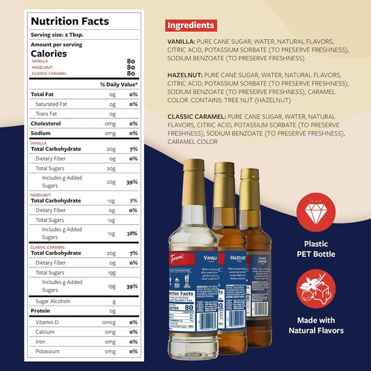 Torani Syrups, Classic Caramel, Hazelnut, and Vanilla Syrup Variety 3-Pack, Coffee Syrups for Drinks, Pumps Included, 25.4 Fl Oz Ea