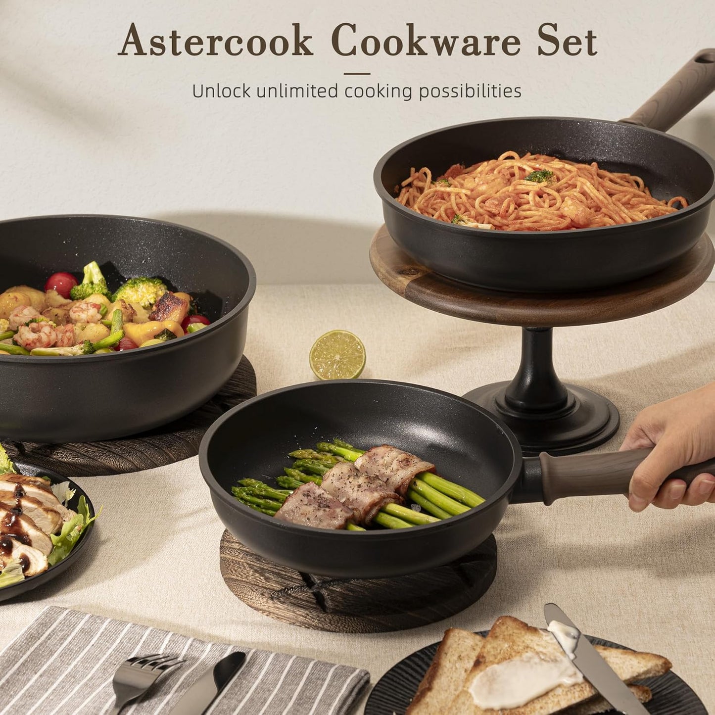 Astercook Non Stick Pots and Pans Set, Healthy Non-Toxic Titanium Induction Kitchen Cookware Sets for Cooking with Frying Pans, PFAS/PTFE/PFOA & PFOS Free, Black, 19 Pcs