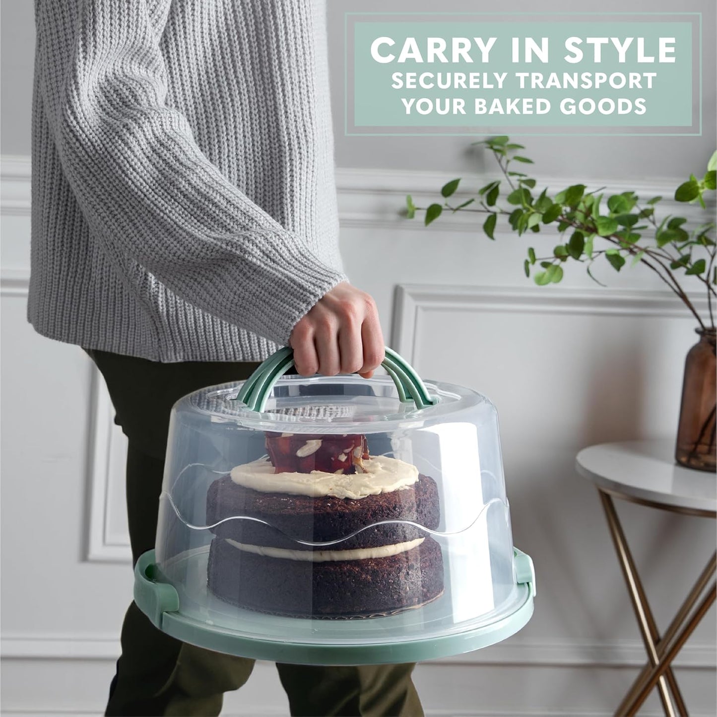 EXTRA LARGE & EXTRA STURDY Cake Carrier, Cake Stand with Lid and Foldable Handles - Multifunctional Serving Platter and Cake Plate - Cake Container with Dome and Strong Snaps 13 x 13 x 7 inch (Green)