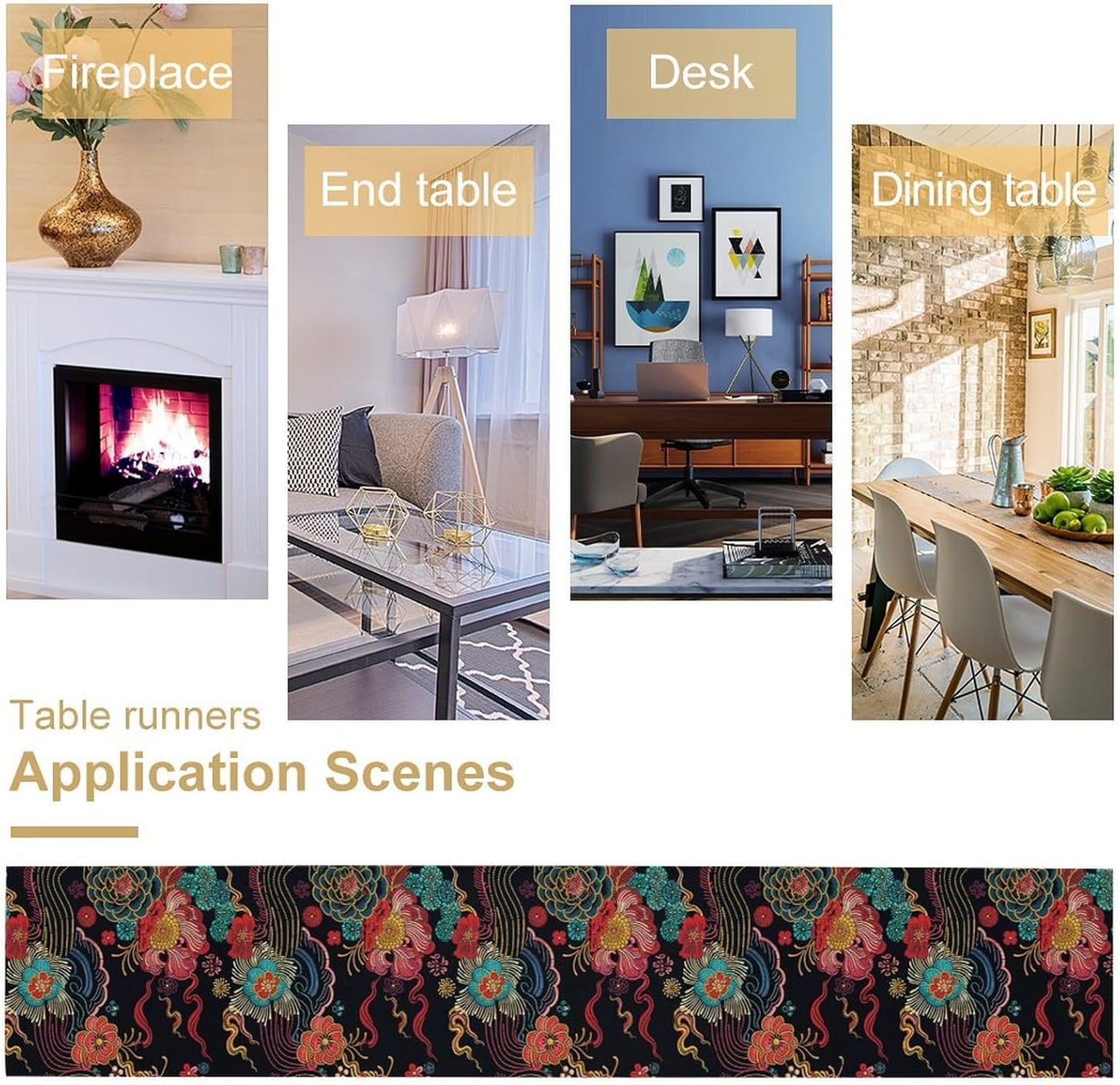 Chinese Embroidery Printing Table Runner, Floral Colorful Abstract Peony Table Runner for Bedroom Living Room Kitchen Home, 13x90 Inch