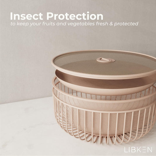 Metal Fruit Bowl with Mesh Lid and Basket - Fruit and Vegetable Holder For Kitchen Counter - Countertop Display Baskets Organizer - Bowl Storage for Veggie, Fruits, Snack, and Banana - Peach