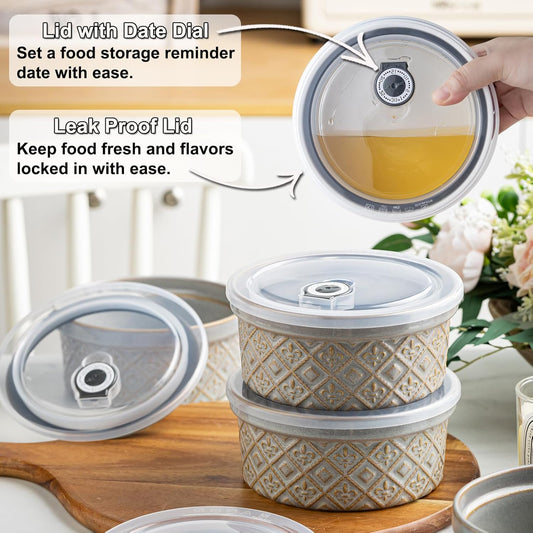 Large Ceramic Mixing Bowls with Lids Set of 4, 40 oz Salad Bowls for Kitchen Food Storage, Airtight Serving Bowls for Meal Prep, Cereal, Leftovers, Office Lunch, and Camping, Grey