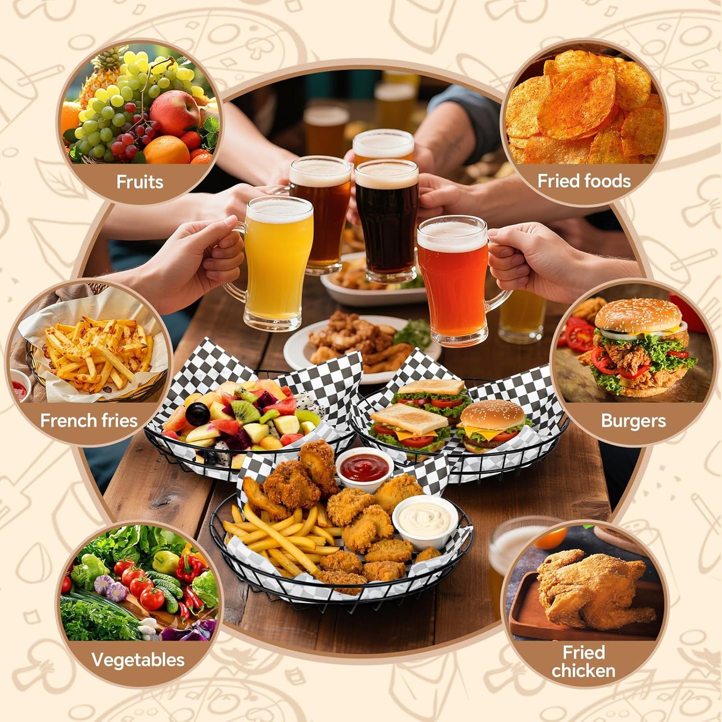 6 Pcs Large Round Metal Wire Bread Baskets 9.8x9.8x1.8 Inch Bread Serving Decorative Sandwich Container Christmas Party Fast Food Basket for Fruit Burger Kitchen Restaurant