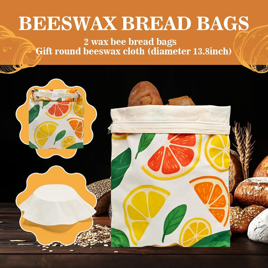 Beeswax Bread Bags for Sourdough 2 Pack 13"x17" Eco-Friendly Reusable Linen Cotton Storage Bags with Zipper Closure for Homemade Bread Fresh-Keeping, Freezer-Safe (Blood orange)