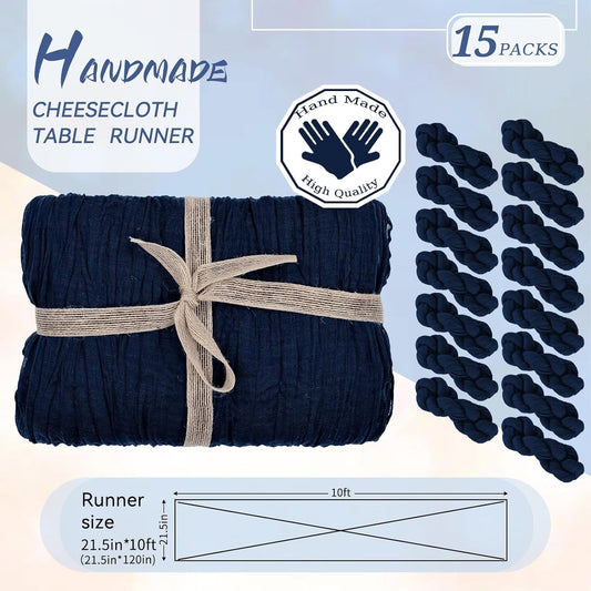 15 Packs Cheesecloth Table Runner - Navy Blue, 10 Ft Dark Blue Rustic Gauze Boho Wedding Table Runner Decoration, 21.5x120in