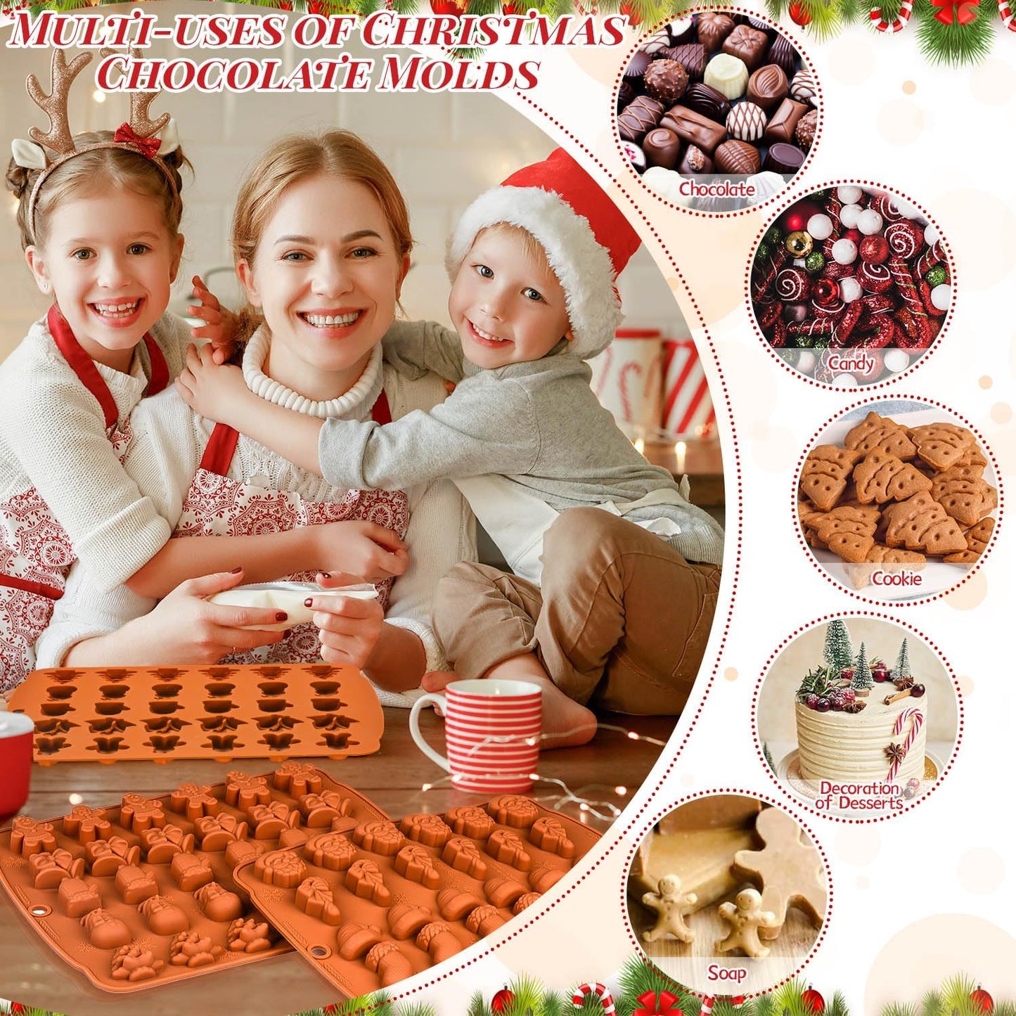 Christmas Silicone Chocolate Molds, 2 Pcs Reuseable Silicone Chocolate Molds, Bakeable Christmas Mould with Santa Christmas Tree Elk Patterns for DIY Chocolate, Candy, Jello, Wax (4 Droppers)